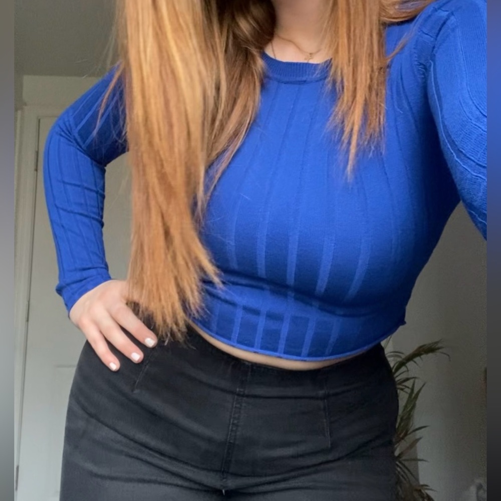 Royal Blue Ribbed Garage Basic Long Sleeve Top